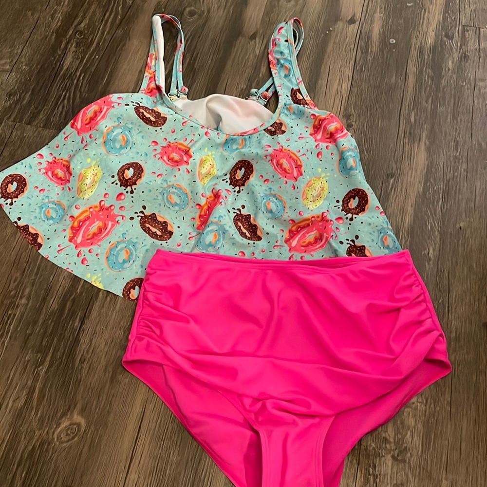 Donut 🍩 swim suit 2 piece high waisted bottoms tankini teal and hot pink